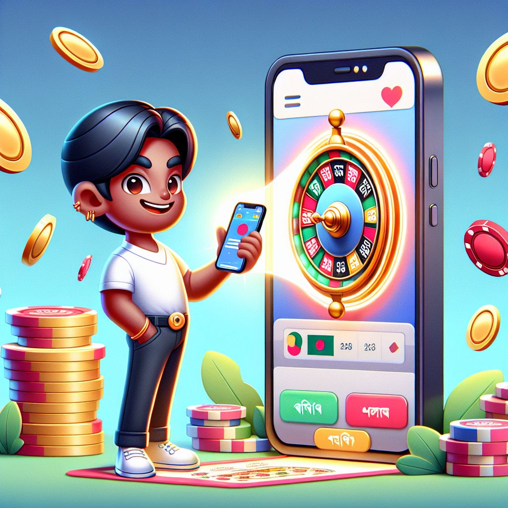 9777bed casino cartoon character holding chips and a smartphone with slot reels