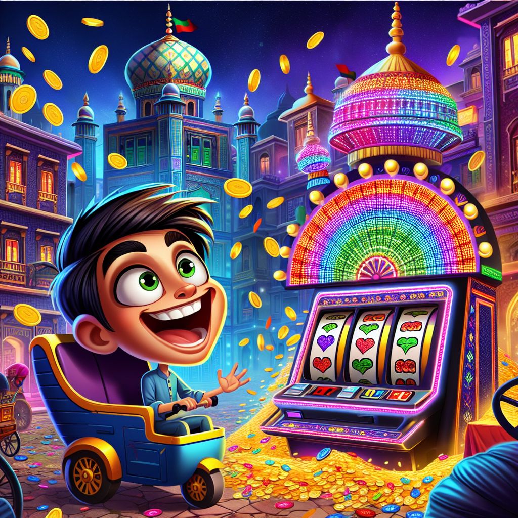 Cartoon character celebrating a big win on a slot machine with coins and reels